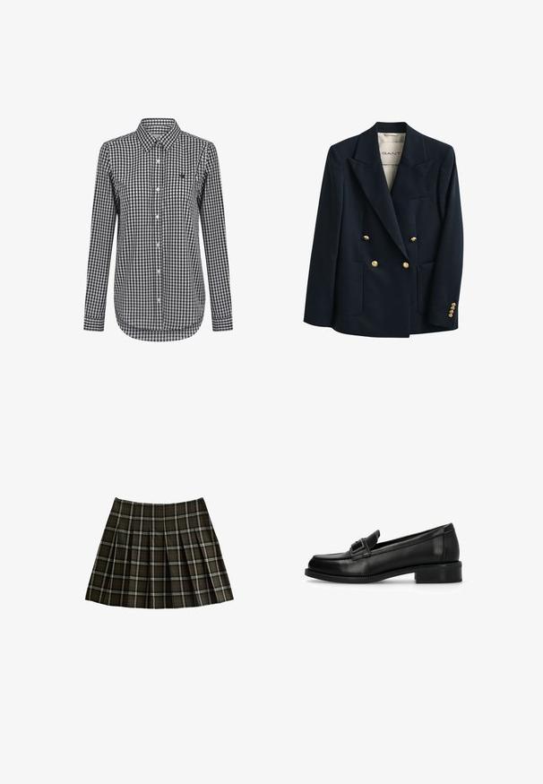 Veste croisée bleu marine foncé avec boutons dorés, larges revers, deux poches avant et une coupe ajustée.; Chemise à manches longues à carreaux noir et blanc, dotée d'un col boutonné et d'un ourlet arrondi. Comprend un petit logo sur la poitrine.; Jupe mini à carreaux avec des motifs en vert foncé et rouge, design plissé et texture lisse. Fabriquée en tissu avec une finition douce.; Mocassin en cuir noir avec un petit talon bloc, un bout arrondi et une bride décorative sur le dessus, présenté de profil sur fond blanc.