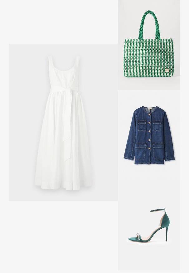 Veste en denim, bleue, avec un col rond, fermeture à boutons, deux poches poitrine et deux poches inférieures ; possède des boutons et des coutures dorés.; Robe blanche sans manches avec un corsage ajusté et une jupe fluide de longueur midi. Dispose d'une ceinture nouée à la taille et d'une texture en coton lisse.; Sandale à talons hauts en satin bleu canard avec un bout ouvert, une lanière incrustée de cristaux et une boucle à la cheville. Elle présente un design élégant et délicat.; Sac fourre-tout tissé vert et blanc avec une forme rectangulaire structurée, une finition texturée et deux poignées solides. Présente une étiquette de logo sur le côté.