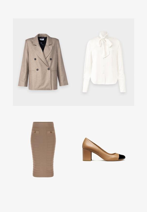 Beige dobbeltræsseret blazer med klapkrave, sorte knapper og to forlommer. Lavet af et tekstureret stof, med en let oversize pasform.; Hvid langærmet bluse i et let materiale med høj krave og stort Sløjfedetalje ved halsen, der har en knappet front.; Beige ribbet blyantskørt med en tætsiddende silhuet, tekstureret mønster, to forlommer og guldknappedetaljer. Fremstillet af et strækbart materiale.; Beige læderpumps med en rund tå og en sort patenthætte, med en blokhæl og glat tekstur.