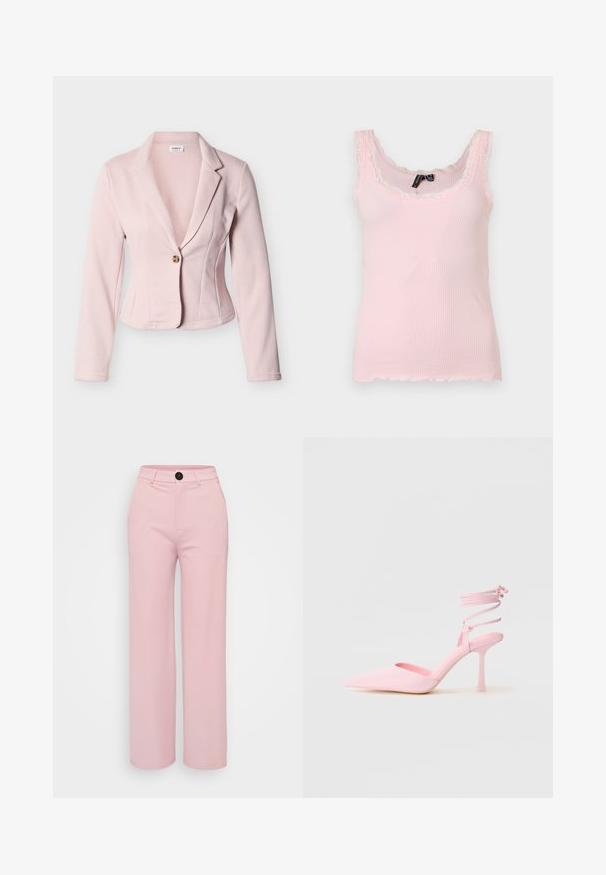 Hellrosa taillierter Blazer mit langen Ärmeln, einem einzelnen Schildpatt-Knopfverschluss und Revers mit Kerbe.; Hellrosa geripptes Tanktop mit Spitzenverzierung entlang des Ausschnitts und der Träger, ärmellos mit figurbetonter Silhouette.; Helle rosa weite Hose mit glatter Textur, ausgestattet mit einem schwarzen Knopf und einem klassischen Taillendesign. Keine zusätzlichen Taschen sichtbar.; Rosa High Heels mit spitzem Zeh, satinierter Oberfläche und Knöchelriemen mit gekreuzten Details. Elegante Silhouette und dünner Absatz.