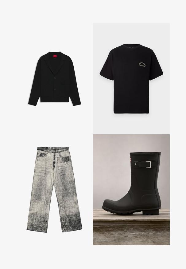 Blazer noir boutonné avec deux poches avant et col à revers, présenté à plat sur un fond blanc.; T-shirt noir à manches courtes et col rond avec un petit texte courbé blanc sur la poitrine gauche indiquant "ORIGINALS STORE DAILY BASICS".; Jeans à jambes larges avec un motif moucheté noir et blanc, comportant cinq poches, une fermeture éclair et un tissu en denim texturé.; Botte de pluie en caoutchouc noir avec un petit talon, un bout arrondi et un accent en boucle en argent. Présente une semelle texturée pour une meilleure adhérence.