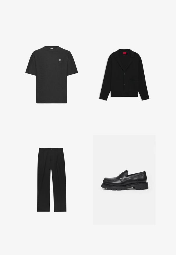 Zwarte button-up blazer met twee voorzakken en reverskraag, plat gelegd tegen een witte achtergrond.; Zwart t-shirt met korte mouwen in een gestructureerde stof, met een ronde hals en een discreet geborduurd logo op de borst.; Zwarte broeken met een recht model, gemaakt van een gladde stof. Voorzien van een voorplooien en een enkele knoopsluiting bij de taille.; Zwarte leren loafer met dikke geribbelde zool en pennyriemdetail, getoond in rechter zijprofiel op witte achtergrond.