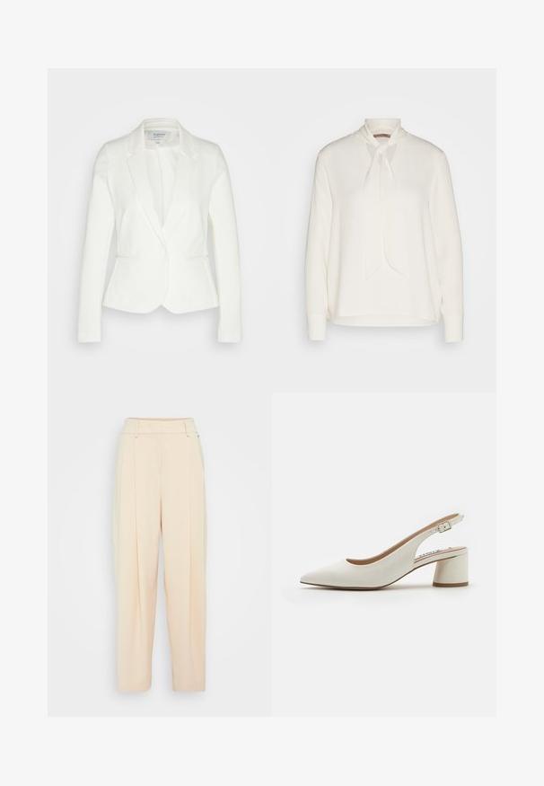 Blazer ajustado blanco en tejido suave, con cierre de un solo botón, solapas de muesca y dos bolsillos frontales. Textura lisa y forma entallada.; Blusa blanca de manga larga con diseño de cuello atado, que presenta una textura suave y un ajuste relajado. Sencilla y elegante, sin patrones adicionales.; Pantalones de pierna ancha de color beige claro con cintura alta, que cuentan con dos bolsillos frontales y pinzas dobles para un detalle adicional. Tela suave y lisa.; Zapato de tacón destalonado de cuero blanco con punta afilada, tacón bloque de altura media y correa ajustable. Textura suave; diseño minimalista.
