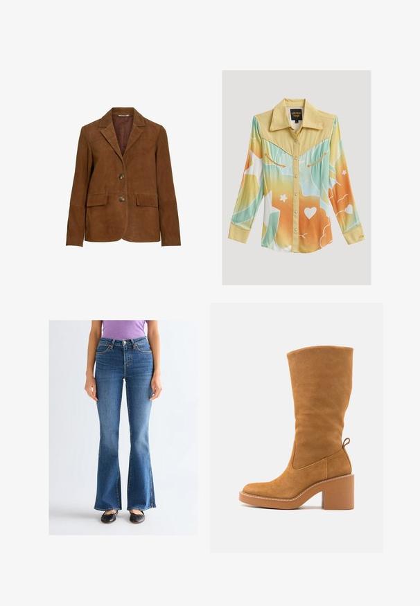 Blazer en daim marron avec deux boutons, col cranté, poches à rabat et manches longues, présenté sur fond blanc.; Chemise western à manches longues avec empiècement jaune, dégradé pastel bleu, orange et blanc, boutons-pression et surpiqûres décoratives en forme de flèche sur les poches poitrine.; Femme portant un jean bootcut bleu taille haute, des ballerines noires et un t-shirt violet à manches courtes, debout devant un fond clair uni.; Bottine en suede beige clair, montante, avec un talon carré, un bout rond, des détails de couture latéraux et une languette à l'arrière. Texture lisse et design classique.