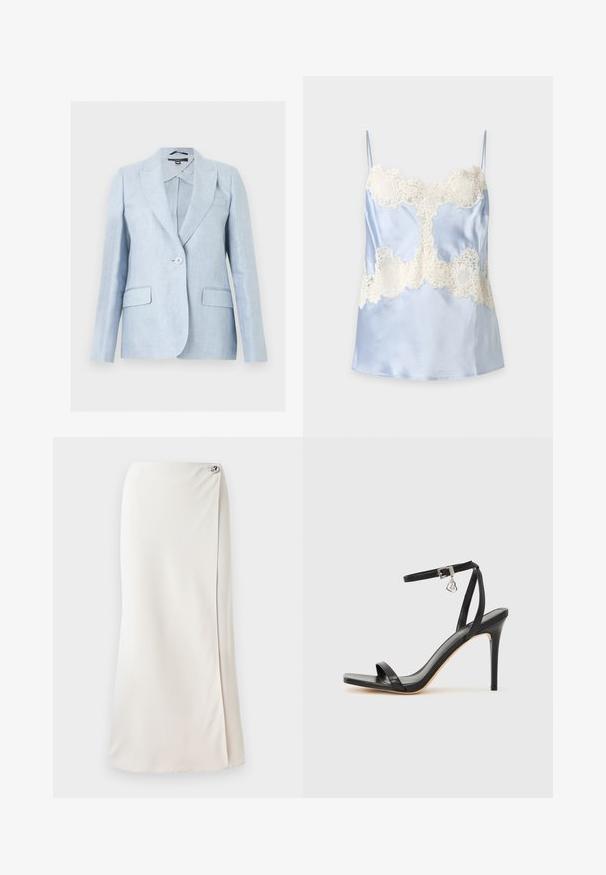 Blazer azul claro de un solo botón con solapas con muesca, bolsillos con solapa y mangas largas estructuradas, mostrado sobre un fondo blanco.; Camisola de satén azul claro con detalles de encaje blanco en el busto y la cintura, con tirantes finos y acabado suave.; Larga falda blanca hecha de una tela suave, con una abertura lateral y un acento decorativo de botón plateado cerca de la cintura. Líneas limpias y diseño minimalista.; Sandalia de tacón alto negra con una estrecha correa en el tobillo, punta cuadrada, material de cuero liso y detalle de hebilla metálica.