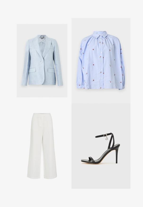 Blazer bleu clair à un bouton, avec revers à crans, poches à rabat et manches longues structurées, présenté sur un fond blanc.; Blouse à manches longues rayée bleu clair avec une petite broderie florale rouge, fermeture à boutons sur le devant et col classique.; Pantalon blanc à jambes larges avec taille haute et design minimaliste épuré, détail de couture avant, sans attaches ni poches visibles.; Sandale à talon haut noire avec une bride étroite à la cheville, bout carré, cuir lisse et accent de boucle métallique.