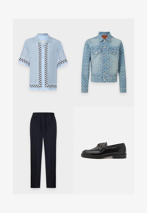 Veste en jean bleu clair avec motif damier, fermeture à boutons sur le devant, deux poches poitrine avec rabats et manches longues.; Chemise bleu clair à manches courtes avec motif de cœurs noirs et blancs sur l'ensemble du tissu ainsi que sur les bordures des manches et du devant.; Pantalon noir droit avec taille élastique et poches latérales, présenté à plat sur un fond blanc.; Mocassins en cuir noir avec un bout arrondi et une boucle décorative. Talon plat, solide et texture lisse sur l'ensemble.