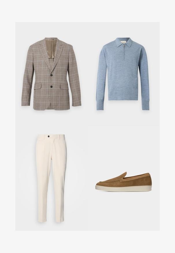 Braun karierter Blazer mit einem hellblauen Gittermuster, der zwei Vorderseiten-Taschen, einen Einzelknopfverschluss und ein kontrastierendes beiges Futter aufweist.; Hellblauer Strickpullover mit langen Ärmeln, einem Kragen und einem halbseitigen Reißverschluss vorne, mit gerippten Bündchen.; Beige maßgeschneiderte Hosen mit flacher Vorderseite, Ein-Knopf-Verschluss und zwei schrägen Seitentaschen. Glattes Material mit schmaler Passform und spitz zulaufendem Bein.; Hellbrauner Wildleder-Slipper mit weißer Gummisohle, minimalen Nähten und flachem Design vor einfachem hellem Hintergrund.
