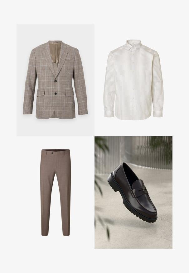 Bruine geruite blazer met een lichtblauw ruitpatroon, voorzien van twee voorzakken, een sluiting met één knoop en een contrasterende beige voering.; Wit overhemd met lange mouwen en beige verticale strepen, knoopsluiting aan de voorkant, puntige kraag en knoopmanchetten.; Bruine slim-fit formele broek met knoop en riemlussen, afgebeeld tegen een witte achtergrond.; Bruine leren loafers met een getextureerde, geribbelde rubberen zool. Beschikt over een slank ontwerp en een decoratieve band over de wreef.