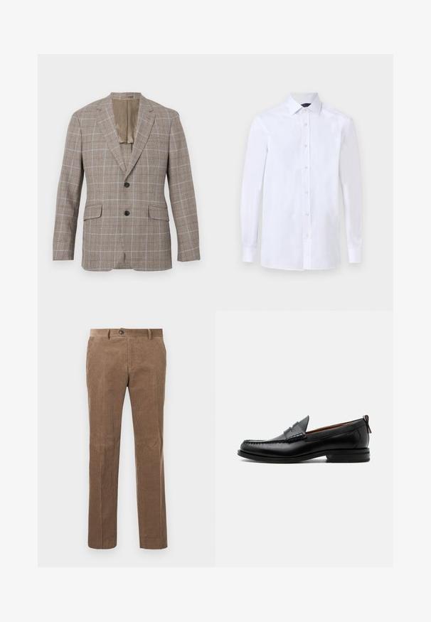 Blazer de cuadros marrón con un patrón de cuadrícula azul claro, que cuenta con dos bolsillos frontales, un cierre de un solo botón y un forro beige contrastante.; Camisa blanca de hombre de manga larga con botones en la parte delantera y cuello puntiagudo, mostrada sobre un fondo liso.; Pantalones de pana marrones con textura de ribete vertical, diseño de pierna recta, cierre de un solo botón y dos bolsillos frontales.; Mocasín de hombre de piel negra con costura moc toe, tira penny, cuello texturizado y tacón bajo apilado sobre fondo blanco.