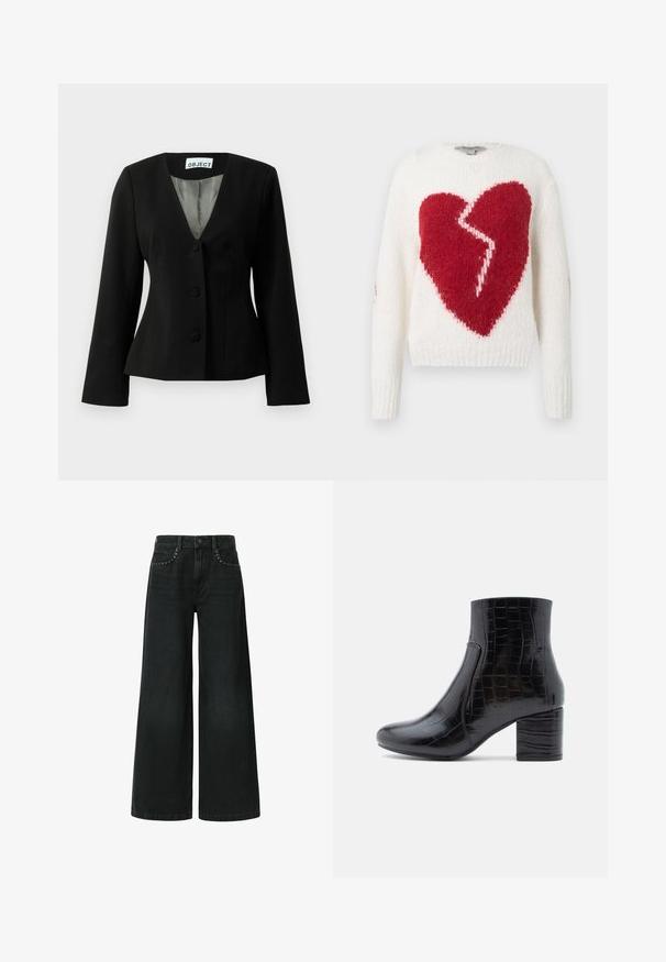 Zwarte getailleerde blazer met drie bedekte knopen, V-hals, lange mouwen en gestreepte voering zichtbaar bij de kraag.; Gebreide trui in wit met een groot rood gebroken hartpatroon. Heeft lange mouwen en een geribbelde zoom, zachte textuur met een casual pasvorm.; Zwarte jeans met wijd uitlopende pijpen, gemaakt van denim, met een klassieke vijf-pocket design en decoratieve studded details nabij de voorkruiszakken.; Zwarte enkellaars gemaakt van glanzend krokodillenprintleer. Voorzien van een ronde neus en een dikke blokhak. Gladde textuur en slank ontwerp.