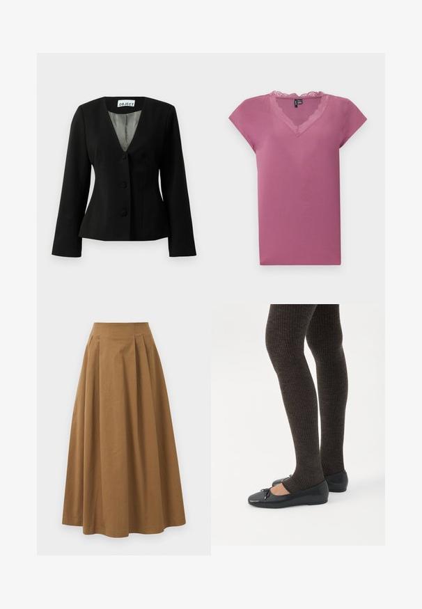 Zwarte getailleerde blazer met drie bedekte knopen, V-hals, lange mouwen en gestreepte voering zichtbaar bij de kraag.; Roze top met korte mouwen gemaakt van zacht materiaal, met een V-hals en kanten rand rond de halslijn. Soepele textuur en een comfortabele, losse pasvorm.; Bruine katoen A-lijn rok met een hoge taille, voorzien van plooien aan de voorkant en een gladde textuur. De zoomafwerking is schoon en eenvoudig.; Benen met donkere geribbelde leggings gecombineerd met zwarte ballerina's met kleine strikdetails op een witte achtergrond.