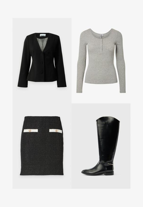 Blazer noir ajusté avec trois boutons recouverts, décolleté en V, manches longues et doublure intérieure rayée visible au niveau du col.; Haut à manches longues gris clair côtelé avec encolure ronde et patte de boutonnage à quatre boutons, silhouette ajustée et tissu tricoté doux.; Jupe en tweed noir avec un tissu texturé et une coupe ajustée. Comprend deux accents de poches blanches avec des boutons dorés.; Botte haute en cuir noir avec un bout pointu, un talon bas et un détail en métal argenté à la cheville sur un fond blanc uni.