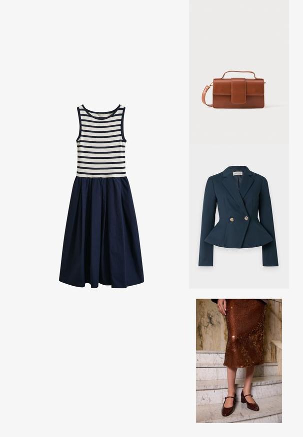 Blazer bleu marine avec taille cintrée, détail à basque, manches longues et design croisé avec des boutons floraux dorés.; Robe sans manches avec un corsage blanc et bleu marine à rayures horizontales ajusté et une jupe évasée unie bleu marine.; Femme portant une jupe midi en sequins bruns et des escarpins Mary Jane en crocodile texturé marron foncé, se tenant sur des escaliers en marbre.; Sac à main en cuir marron avec un design structuré, de forme rectangulaire, une poignée supérieure et une bandoulière amovible. Présente une fermeture à rabat sur le devant.
