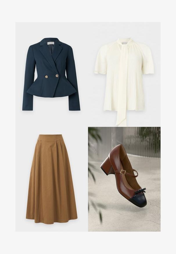 Marineblå blazer med figursyet talje, peplumdetalje, lange ærmer og dobbeltradet design med guldknapper dekoreret med blomster.; Kremfarvet bluse med korte pufærmer, lodrette læg foran og en lang nakkesløjfe detalje.; Brun bomulds A-linjeet nederdel med høj talje, præget af læg foran og en glat tekstur. Endeafslutningerne er enkle og rene.; Brun læder Mary Jane-hæl med sort tåhætte, sort sløjfe, guldbeslået strop og blokhæl på lys tekstureret gulv.