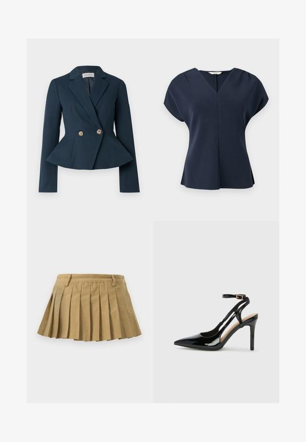 Blazer azul marino con cintura entallada, detalle de peplum, mangas largas y diseño cruzado con botones dorados en forma de flor.; Blusa azul marino de manga corta con escote en V, hombros plisados y un leve vuelo en el dobladillo, mostrada sobre un fondo blanco.; Falda plisada de tejido beige, con una cinturilla ajustada, múltiples pliegues y un dobladillo recto. Sin cierres ni detalles visibles.; Zapato de charol negro de tacón alto, tipo slingback, con punta afilada, correa ajustable en el tobillo y lados abiertos. Textura lisa.