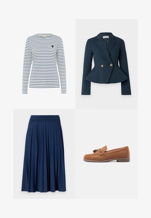 Blazer azul marino con cintura entallada, detalle de peplum, mangas largas y diseño cruzado con botones dorados en forma de flor.; Camisa de manga larga a rayas en blanco y azul marino, con un cuello redondo y un pequeño acento de corazón negro en el lado izquierdo del pecho. Textura de tejido suave.; Falda plisada de un azul marino con una cinturilla ancha, hecha de una tela suave. Presenta pliegues verticales que aportan textura y movimiento fluido.; Mocasín de ante marrón con borla y detalle de hebilla dorada, suela cosida y tacón bajo apilado sobre fondo blanco.