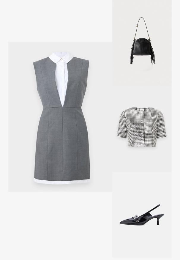 Veste courte en pied-de-poule noir et blanc avec manches courtes et boutons décoratifs en perles sur la fermeture avant.; Robe grise sans manches, cintrée, avec un décolleté en V profond, superposée à une chemise blanche à col boutonnée, longueur genou, taille ajustée.; Chaussure à talon bas en cuir verni noir avec bride arrière, bout pointu et détail boucle argentée sur fond blanc uni.; Sac à main en cuir noir avec une forme courbée, une longue bandoulière réglable et des franges de chaque côté sur un fond clair.
