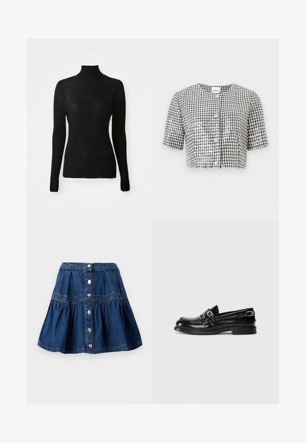 Veste courte en pied-de-poule noir et blanc avec manches courtes et boutons décoratifs en perles sur la fermeture avant.; Pull en maille côtelée noir à manches longues, col roulé, coupe ajustée et texture subtile sur fond blanc.; Jupe en denim bleu avec fermeture à boutons sur le devant, partie inférieure froncée et détails de panneaux cousus sur fond blanc.; Mocassins en cuir noir avec une finition brillante, dotés de deux boucles dorées et d'un talon bas. Texture lisse avec un design à bout arrondi.