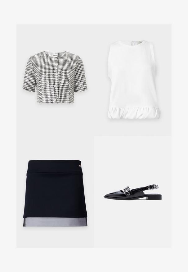 Zwart-witte houndstooth cropped jas met korte mouwen en decoratieve parelknopen aan de voorzijde.; Witte mouwloze blouse met ronde halslijn en gerimpelde volantzoom, plat uitgespreid weergegeven.; Zwarte rok met een goed passende tailleband en een doorschijnende mesh onderrand. De stof is soepel met een gestructureerd ontwerp, met een kleine metalen accent.; Zwarte platte puntige schoen van lakleer met dubbele zilveren gespen en een slingback hak, op witte achtergrond.