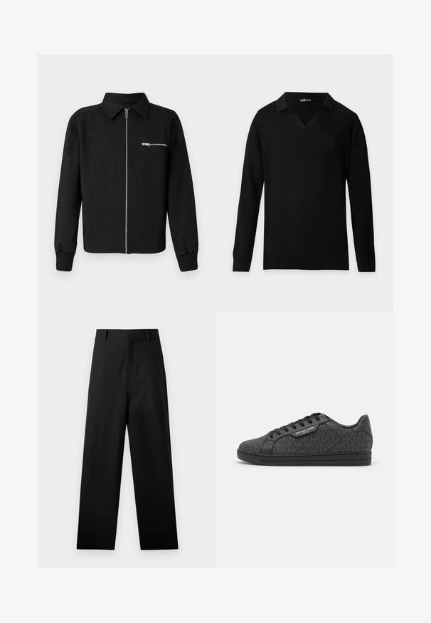 Veste zippée noire avec un motif de logo texturé, col montant et poche zippée sur le côté. Dotée de poignets et d'un ourlet côtelés.; Pull en maille noir à manches longues avec col en V et motif texturé subtil, avec un petit emblème embossé sur la poitrine gauche.; Pantalons noirs en coton avec une coupe droite, dotés d'une fermeture à bouton à l'avant et de poches latérales. Texture lisse, sans motifs.; Baskets noires dotées d'un dessus en tissu texturé avec un motif MK subtil, des accents en cuir noir et une semelle en caoutchouc noire.