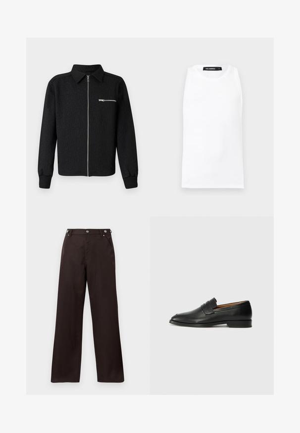 Schwarze Zip-Up-Jacke mit strukturiertem Logo-Muster, Kragen und seitlicher Reißverschlusstasche. Mit gerippten Bündchen und Saum.; Weißes ärmelloses Ripp-Top mit rundem Ausschnitt und Karl Lagerfeld Markenlabel im Kragen, Größe Medium.; Dunkelbraune gerade geschnittene Hosen mit Knopfdetails am Bund und zwei vorderen Taschen, vor einem weißen Hintergrund präsentiert.; Schwarze Leder-Slipper mit runder Zehenform, dezenten gestickten Details und niedrigem Absatz, ausgestattet mit glatter Textur und minimalistischem Design.