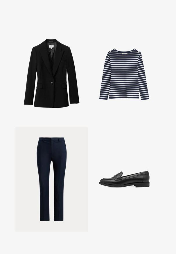 Reiss GABI TAILORED SINGLE BREASTED - Blazer - black; Camiseta de manga larga con rayas horizontales en azul marino y blanco, con cuello redondo, mostrada sobre un fondo blanco.; Pantalones de vestir azul marino a medida con corte de pierna recta, trabillas para cinturón y cierre frontal con cremallera.; Mocasines de piel negra con una textura suave, que presentan un detalle trenzado en la parte superior y un tacón bajo y redondeado. Diseño y forma simples.