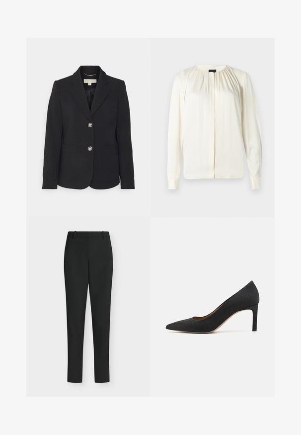 MICHAEL Michael Kors PATCH FITTED BLAZER - Blazer - black; Blusa de manga larga en seda blanco roto. Presenta un escote redondo, suaves pliegues en los hombros y puños con botones. Textura suave y diseño minimalista.; Pantalones negros de corte ajustado con trabillas para cinturón, cremallera frontal y piernas rectas, mostrados sobre un fondo blanco.; Zapato de tacón alto negro con puntera afilada, superficie texturizada, tacón delgado de 3 pulgadas y un forro interior suave, diseñado con una silueta clásica.