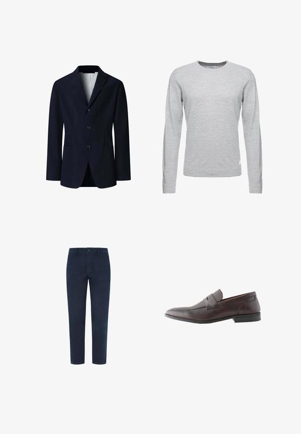 Blazer azul marino para hombre con tres botones al frente, solapas con muesca, bolsillo en el pecho y dos bolsillos parche inferiores, desabrochado, con forro interior claro.; Jersey gris claro, de mangas largas, con cuello redondo, textura suave, diseño minimalista, pequeña etiqueta de logo en el bajo izquierdo.; Chinos de algodón azul marino con cierre de botón, patas rectas y una textura suave. Presenta bolsillos laterales y un bolsillo trasero.; Mocasín para hombre de cuero marrón oscuro con tacón bajo y detalle de tira cosida en la parte superior.