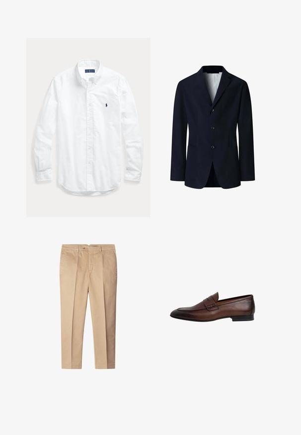 Donkerblauwe herenblazer met drieknopensluiting, inkeping revers, borstzak en twee lagere opgestikte zakken, losgeknoopt, met lichte voering.; Wit overhemd met lange mouwen, knopen en kraag, met een klein donker logo op de linkerborst, plat gelegd op een lichte achtergrond.; Beige katoenen broeken met een slim-fit pasvorm, voorzien van voorplooien, zijzakken en een knoopsluiting. Gladde textuur, recht pijpdesign.; Donkerbruine leren herensloafers met een pennyriem, afgeronde neus, lage hak en een gladde afwerking.