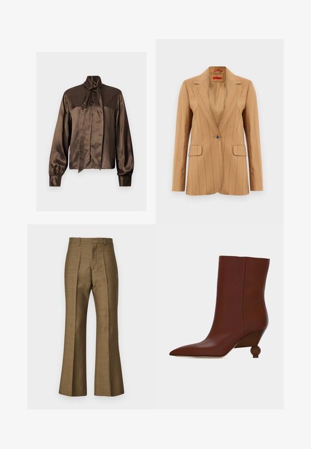 Tan blazer med vertikale brune striber, enkelt knaplukning, notched revers og to frontlommer. Glat stof med en skræddersyet pasform.; Brun satinbluse med høj hals og sløjfedetalje, udstyret med lange ærmer og knaplukning, glat tekstur og elegant fald.; Brune flared bukser lavet af glat stof, med for-pletter, en skræddersyet talje og en subtil glans. Ingen synlig metaldele eller mønstre.; Brun læderankelstøvle med spids tå og unik afrundet træhæl på en ensfarvet lys baggrund.