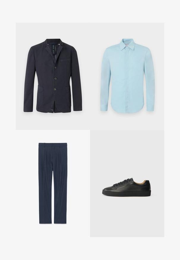 Blazer azul marino para hombre con solapa con muesca, delantero de tres botones, dos bolsillos parche delanteros y un bolsillo de ojal en el pecho.; Paul & Joe COSMA - Camisa - bleu; Pantalones de traje para hombre a rayas marino, con pasadores para el cinturón, pliegues frontales y pernera recta, colocados sobre un fondo blanco.; Zapatilla negra de cuero de caña baja con superficie texturizada, cordones negros y suela de goma gruesa, mostrada de lado sobre un fondo claro.