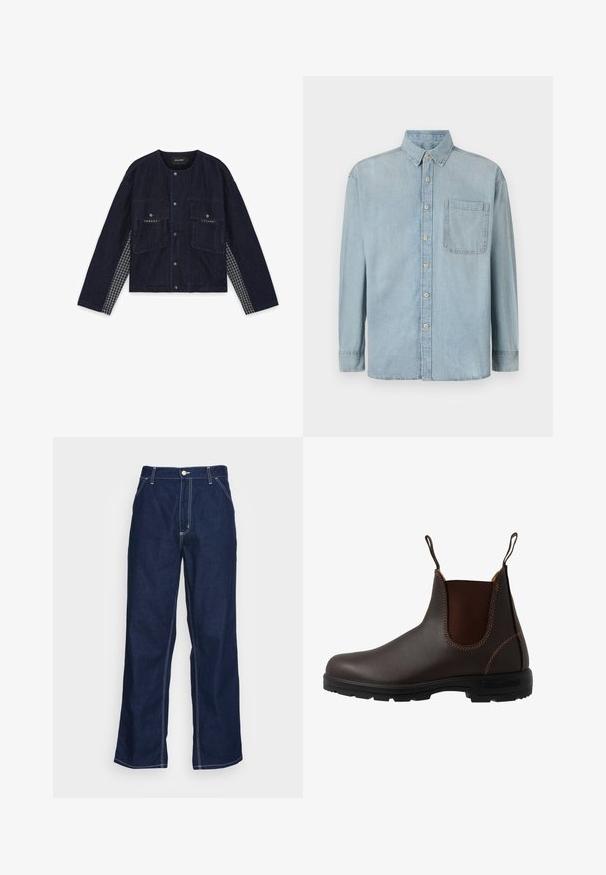 Dunkelblaue Jeansjacke mit zwei Vorderaschen, Druckknöpfen und karierter Seiteneinlage. Runde Halslinie und lange Ärmel, lässiges Design.; Hellblaue Denim-Hemd mit langen Ärmeln, Knopfleiste und einer einzelnen Brusttasche. Verfügt über einen klassischen Kragen und Standardmanschetten.; Dunkelblaue Denim-Hosen mit weitem Bein, hoher Taille, Fronttaschen und kontrastierendem weißen Nähten entlang der Säume.; Brauner Chelsea-Stiefel aus Leder mit elastischem Seiteneinsatz, brauner Naht, Zuglaschen und einer strapazierfähigen Gummisohle mit strukturiertem Muster.