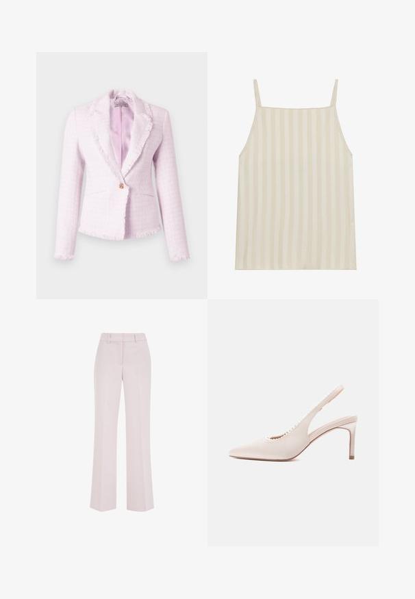 Veston rose pâle texturé avec bords à franges, manches longues, fermeture à un bouton en or rose, et doublure intérieure en satin lisse.; Camisole beige clair avec un motif à rayures verticales, fines bretelles réglables et coupe décontractée. Texture lisse avec un léger éclat.; Pantalon rose pâle à jambes droites avec passants de ceinture et détails de couture avant, présenté sur un fond blanc.; Chaussure à talon haut à bride arrière en satin beige, avec un bout pointu, un décolleté découpé et des accents décoratifs en perles le long du bord.