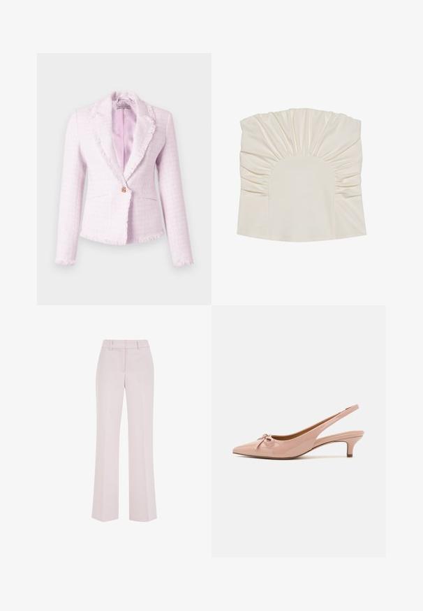 Veston rose pâle texturé avec bords à franges, manches longues, fermeture à un bouton en or rose, et doublure intérieure en satin lisse.; Haut couleur crème avec tissu froncé, présentant un décolleté arrondi et une texture lisse. Le design comprend des plis le long des bords.; Pantalon rose pâle à jambes droites avec passants de ceinture et détails de couture avant, présenté sur un fond blanc.; Escarpins à talon slingback en cuir verni rose pâle avec un bout pointu, un détail en nœud à l'avant, et un petit talon. Texture lisse avec une finition brillante.