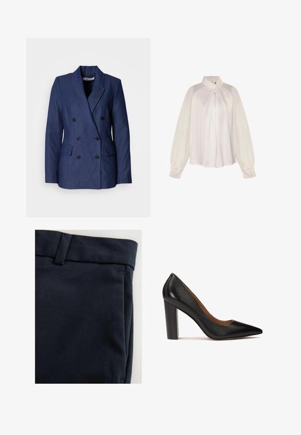 Blazer cruzado azul marino con dos bolsillos frontales, hombros estructurados y botones negros. Hecho de tela suave y texturizada.; Blusa de satén blanca con un frente plisado, cuello alto y mangas largas de gasa. Presenta puños con botones y un cierre de cremallera en la parte posterior.; Pantalones azul marino con una textura de tela suave, diseño de frente plano y detalles sutiles de costura a lo largo de la cintura y los bolsillos.; Zapato de tacón alto de cuero negro con punta afilada, acabado texturizado y tacón grueso. Diseño sencillo con un forro interior suave.