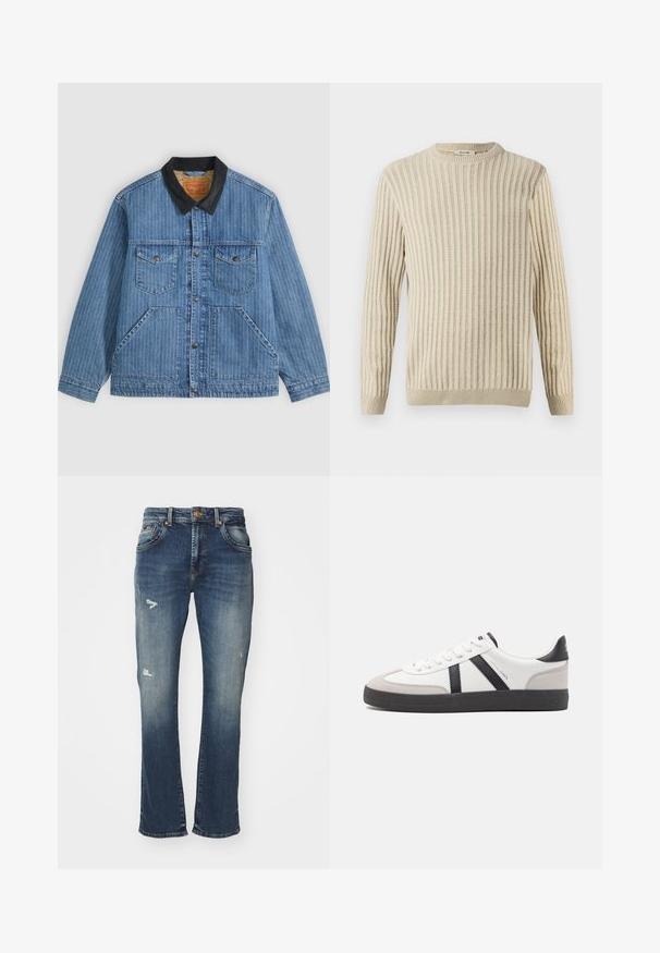 Μπλε denim μπουφάν με λεπτές ρίγες, μαύρο γιακά, κουμπιά μπροστά, δύο τσέπες στο στήθος με κουμπιά και δύο μεγάλες πλαϊνές τσέπες.; Only & Sons ONSBRANT CREW KNIT - Μπλουζάκι με στάμπα - beige; Ρόκκινα τζιν από σκούρο μπλε τζιν, με ξεθωριασμένο φινίρισμα, φθορές στο μπροστινό μέρος, σχέδιο με πέντε τσέπες και ζώνη με κουμπί.; Λευκό αθλητικό παπούτσι με μαύρες και γκρί λεπτομέρειες, featuring ένα υφή γκρί καλύμμα δαχτύλου, μαύρη καουτσούκ σόλα και επίπεδες λευκές κορδόνες. Καθαρός σχεδιασμός, μινιμαλιστικό στυλ.