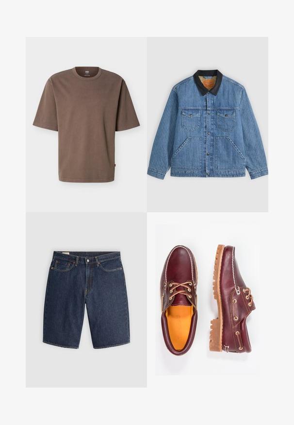 Μπλε denim μπουφάν με λεπτές ρίγες, μαύρο γιακά, κουμπιά μπροστά, δύο τσέπες στο στήθος με κουμπιά και δύο μεγάλες πλαϊνές τσέπες.; Χαλαρή, κοντομάνικη βαμβακερή καφέ μπλούζα με στρογγυλή λαιμόκοψη και μικρό κόκκινο ταμπελάκι Levi's στη ραφή της πλευράς.; Τζιν σορτσάκια σε σκούρο μπλε, με κλασικό σχέδιο που διαθέτει πέντε τσέπες, ραμμένα ραφές, κλείσιμο με κουμπί και καμπυλωτές πίσω τσέπες.; Μπορντώ δερμάτινα παπούτσια με καφέ ελαστικές σόλες, στρογγυλή μύτη, λευκή ραφή και χρυσές τρύπες κορδονιών. Η εσωτερική επένδυση διαθέτει κίτρινη φόδρα.