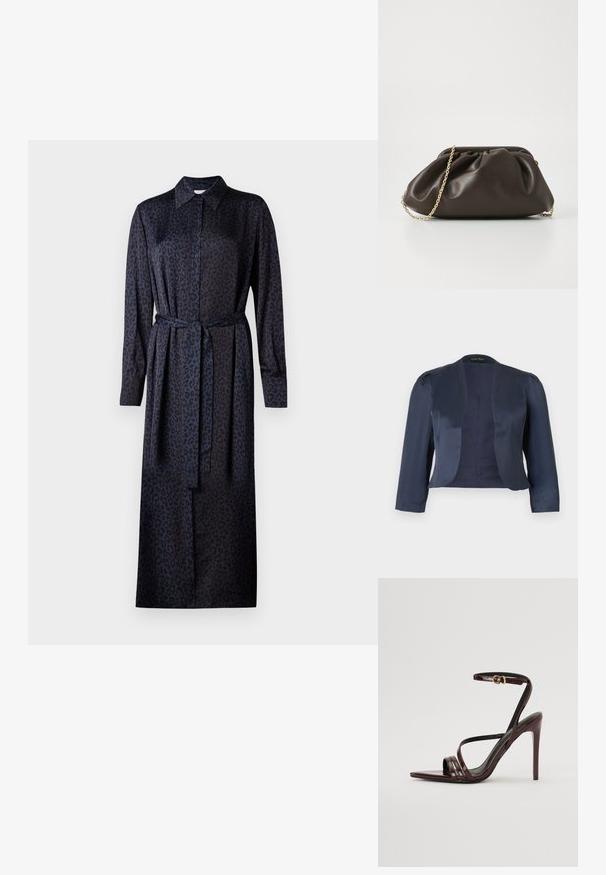 Marineblauwe cropped blazer met open voorzijde, lange mouwen en licht gevoerde schouders, gemaakt van glad satijnen stof.; Leopardprint jurk in donkerblauw en zwart, met een kraag, lange mouwen, knoopsluiting en een bijpassende riem van stof in de taille.; Bordeaux gepatineerde leren hoge hakken sandaal met een enkelbandje, puntige neus en drie horizontale banden over de voet. Details met gouden gesp.; Bruine leren handtas met een geaccentueerd ontwerp, gouden kettinghengsel en een zachte, textuurafwerking. Compacte vorm geschikt voor avondgebruik.