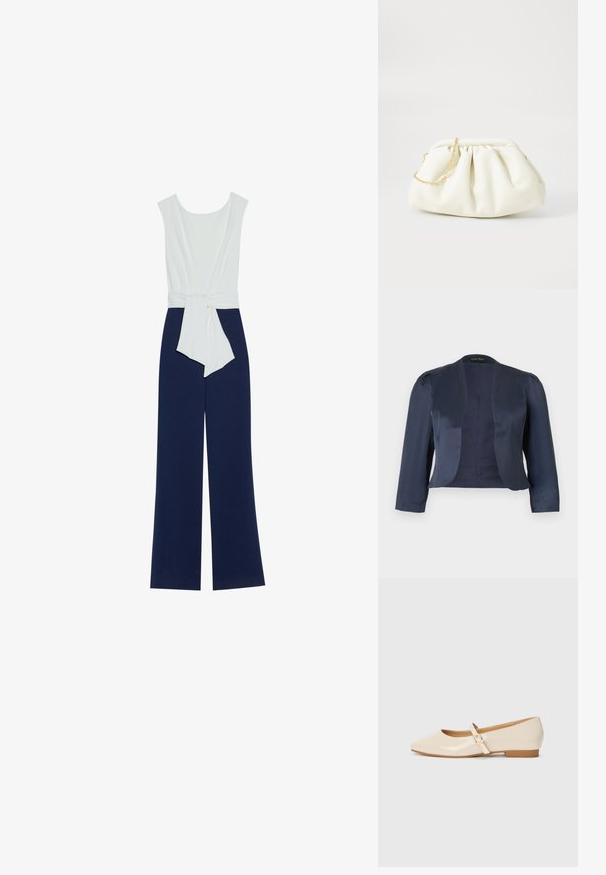 Marineblå cropped åben-front blazer med lange ærmer og let polstrede skuldre, lavet af glat satinstof.; Mørkeblå jumpsuit med en tætsiddende hvid overdel, brede bukser og taljebånd. Glat stof med en ren silhuet og minimalistisk design.; Beige patentlæder balletflade med firkantet tå, lille hæl og justerbar ankelrem med guldspænde accent.; Hvid læderhåndtaske med en samlede design, forsynet med en guldkæde-strop og en rund form. Glat tekstur med bløde folder og ingen mønstre.
