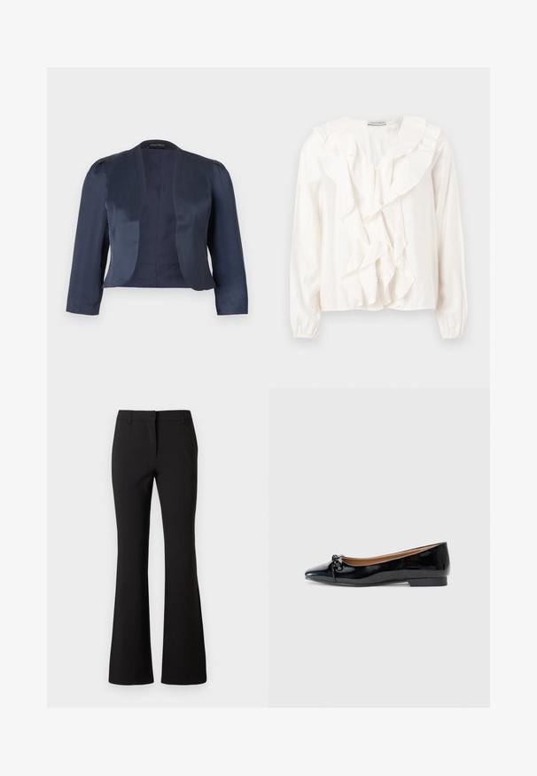 Marineblå cropped åben-front blazer med lange ærmer og let polstrede skuldre, lavet af glat satinstof.; Hvid bluse med flæsefront, blødt stof, lange ærmer og knaplukning. Har en struktureret krave og rynkede manchetter.; Sorte viddebukser lavet af glat stof med en forreste pressefold, bæltestropper og en skræddersyet pasform. Ren design uden synlige mønstre.; Sorte patenterede læderballetsko med spidse tæer, lille sløjfedetail foran og en lav, firkantet hæl. Glat, skinnende tekstur.