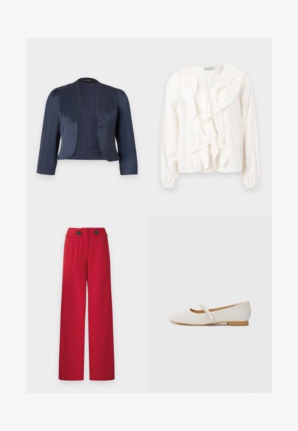 Marineblå cropped åben-front blazer med lange ærmer og let polstrede skuldre, lavet af glat satinstof.; Hvid bluse med flæsefront, blødt stof, lange ærmer og knaplukning. Har en struktureret krave og rynkede manchetter.; Røde bukser med vidde, høj talje, to sorte knapper på linningen, for-trykninger og lige kant.; Flade sko i blødt beige materiale med en spids tådesign. Har en dekorativ rem med hvide perledetaljer. Lav hæl.