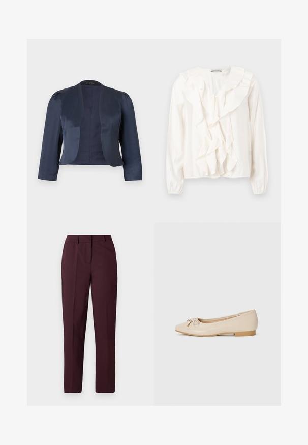 Marineblå cropped åben-front blazer med lange ærmer og let polstrede skuldre, lavet af glat satinstof.; Hvid bluse med flæsefront, blødt stof, lange ærmer og knaplukning. Har en struktureret krave og rynkede manchetter.; Burgunderrøde bukser med lige ben og en glat tekstur, der har en flad front og ingen synlige lommer. Skræddersyet design med en klassisk pasform.; Beige balletflader lavet af glat syntetisk materiale. Har en lille blokhæl og en knyttet detalje med gyldne accenter på tåen.