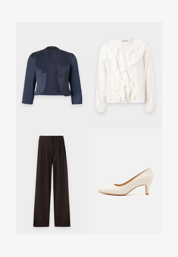 Marineblå cropped åben-front blazer med lange ærmer og let polstrede skuldre, lavet af glat satinstof.; Hvid bluse med flæsefront, blødt stof, lange ærmer og knaplukning. Har en struktureret krave og rynkede manchetter.; Mørkebrune bukser med vide ben, plisseringer og bæltestropper, med lynlås foran og ren kant mod en ensfarvet baggrund.; Hvid læder højhælet sko med spids tå og en slank, let skrå hæl. Glat tekstur med et minimalistisk design og tan sål.