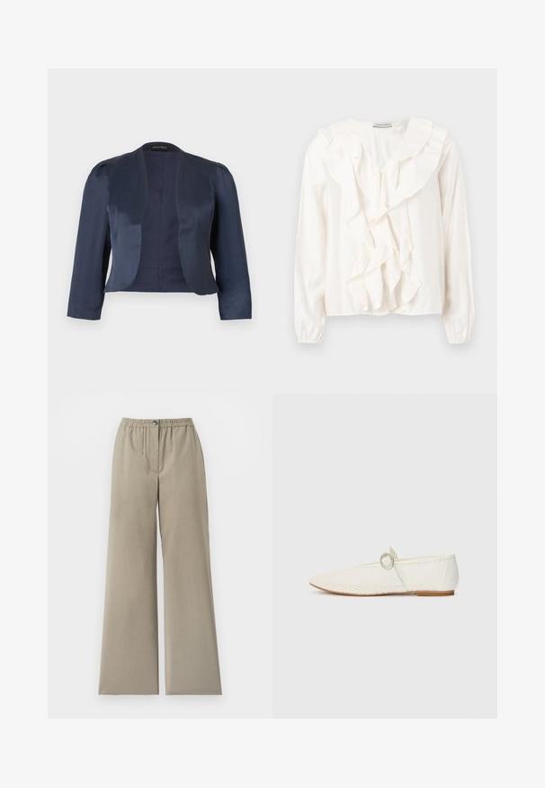 Marineblå cropped åben-front blazer med lange ærmer og let polstrede skuldre, lavet af glat satinstof.; Hvid bluse med flæsefront, blødt stof, lange ærmer og knaplukning. Har en struktureret krave og rynkede manchetter.; Beige bukser med vide ben, elastisk taljebånd og knaplukning, glat stof, detalje med front-søm, mod en hvid baggrund.; Hvide syntetiske flade sko med mesh-struktur, spidse tå og en sidesnor med en rund detalje. Lav hæl og fleksibel sål.