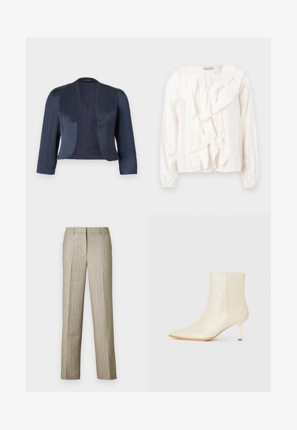 Marineblå cropped åben-front blazer med lange ærmer og let polstrede skuldre, lavet af glat satinstof.; Hvid bluse med flæsefront, blødt stof, lange ærmer og knaplukning. Har en struktureret krave og rynkede manchetter.; Beige bukser med nålestriber og et lige ben-design, der har en struktureret linning og en subtil tekstur i hele stoffet.; Cremefarvet ankelstøvle med spids tå og slank mellemhøj hæl, glat tekstur, vist fra ydersiden på hvid baggrund.