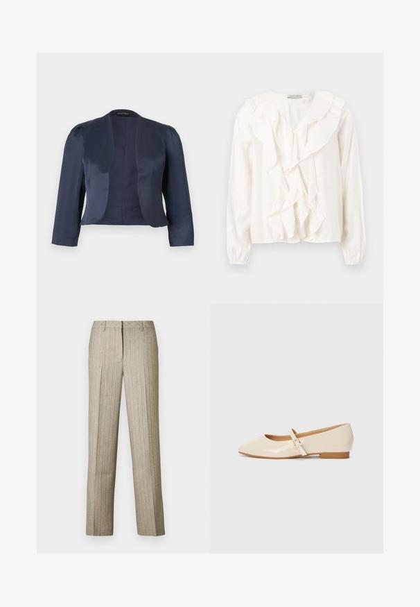 Marineblå cropped åben-front blazer med lange ærmer og let polstrede skuldre, lavet af glat satinstof.; Hvid bluse med flæsefront, blødt stof, lange ærmer og knaplukning. Har en struktureret krave og rynkede manchetter.; Beige bukser med nålestriber og et lige ben-design, der har en struktureret linning og en subtil tekstur i hele stoffet.; Beige patentlæder balletflade med firkantet tå, lille hæl og justerbar ankelrem med guldspænde accent.