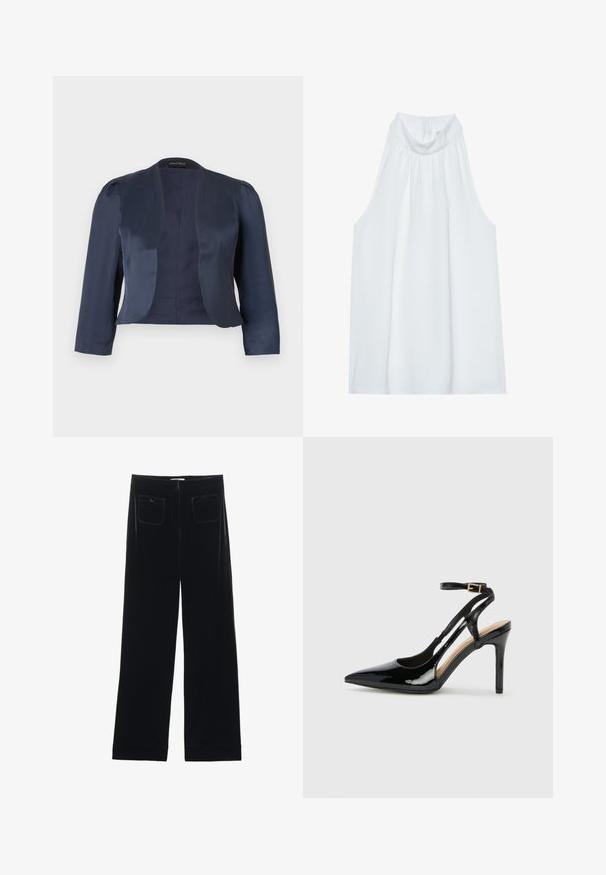 Marineblauwe cropped blazer met open voorzijde, lange mouwen en licht gevoerde schouders, gemaakt van glad satijnen stof.; Witte mouwloze top met een hoge hals, gemaakt van zachte stof, met geplooide details bij de halslijn en een verborgen ritssluiting aan de achterkant.; Zwarte fluwelen wijde broek met twee achterzakken en een gladde textuur, met een rechte snit en afgewerkte zoom bij de enkels.; Zwarte lakleren hoge hak slingback schoenen met spitse neus, verstelbare enkelband en open zijkanten. Gladde textuur.