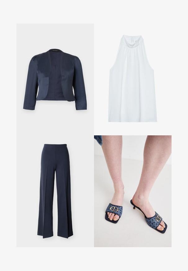 Blazer azul marino corto de corte abierto con mangas largas y hombros ligeramente acolchados, hecho de tela satinada suave.; Top blanco sin mangas con cuello alto, confeccionado en una tela suave, con detalles fruncidos en el escote y una cremallera oculta en la parte posterior.; Pantalones azul marino de pierna ancha con aberturas laterales, cintura alta y parte delantera lisa, exhibidos sobre un fondo blanco.; Mules con una parte superior de tela con un patrón azul que presenta un detalle de hebilla dorada, punta cuadrada y un pequeño tacón de kitten.