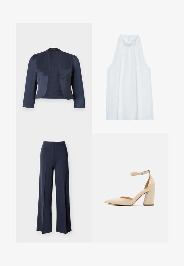 Blazer azul marino corto de corte abierto con mangas largas y hombros ligeramente acolchados, hecho de tela satinada suave.; Top blanco sin mangas con cuello alto, confeccionado en una tela suave, con detalles fruncidos en el escote y una cremallera oculta en la parte posterior.; Pantalones azul marino de pierna ancha con aberturas laterales, cintura alta y parte delantera lisa, exhibidos sobre un fondo blanco.; Zapato de tacón alto de charol beige con punta afilada, correa en el tobillo y tacón grueso. Textura suave con detalles de costura mínimos.